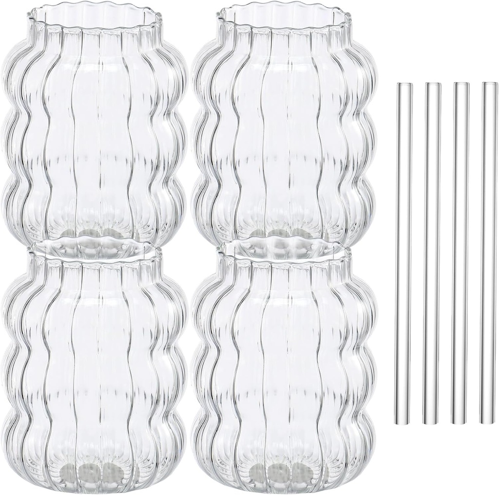 8 Pcs 21oz Ribbed Glass Cups Set, 650 ml Creative Wavy Drinking Glasses, Clear Glassware Drinking Glasses Straws for Coffee Cocktail Juice Water Soda Tea