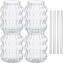 8 Pcs 21oz Ribbed Glass Cups Set, 650 ml Creative Wavy Drinking Glasses, Clear Glassware Drinking Glasses Straws for Coffee Cocktail Juice Water Soda Tea