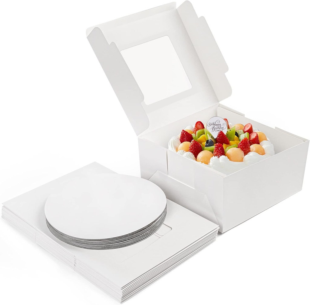 LotFancy Cake Boxes, 10 x 10 x 5 inch, 30 Pcs, 15 Disposable Paper Cake Carrier with 15 Round Board, White Bakery Boxes with Window, Treat Box Container for Pie, Donut, Cookie, Pastry