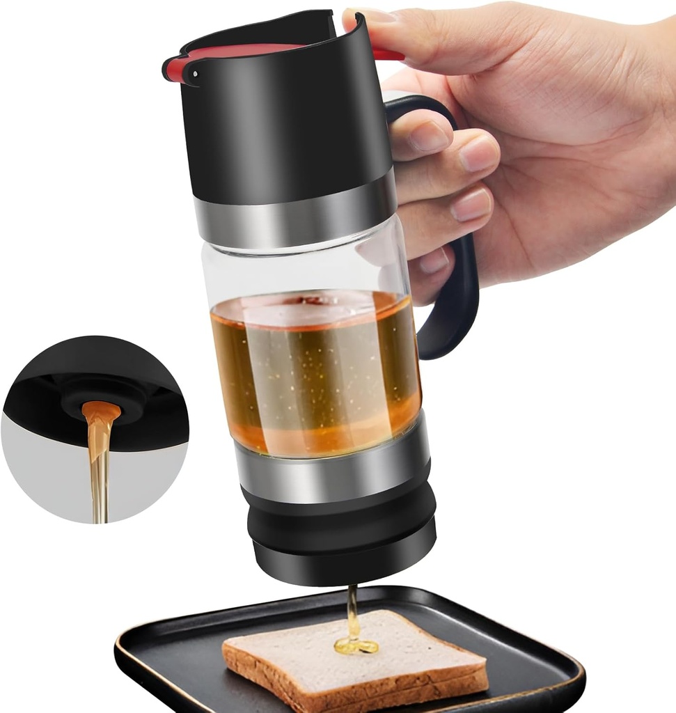 9OZ Honey Dispenser With Handle - No Drip Glass Syrup Container for Coffee Bar, Honey Pot and Jar - Black