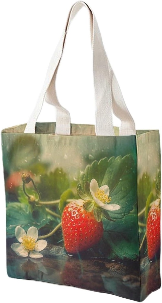 Canvas Tote Bag for Women Reusable Grocery Bag Strawberry Leaf Flower Shopping Bags Casual Shoulder Bag Handbag