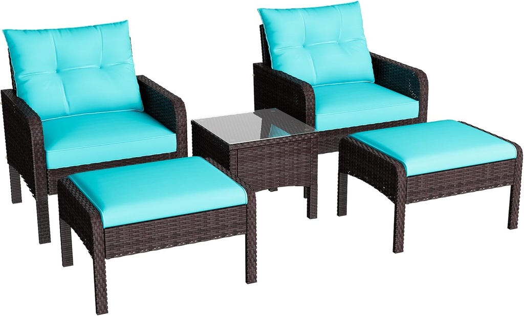 U-MAX Outdoor 5 Pieces Patio Furniture Set, PE Rattan Wicker Chairs with Ottoman and Table, Bistro Set for Front Porch, Garden, Backyard, Balcony, Brown/Blue