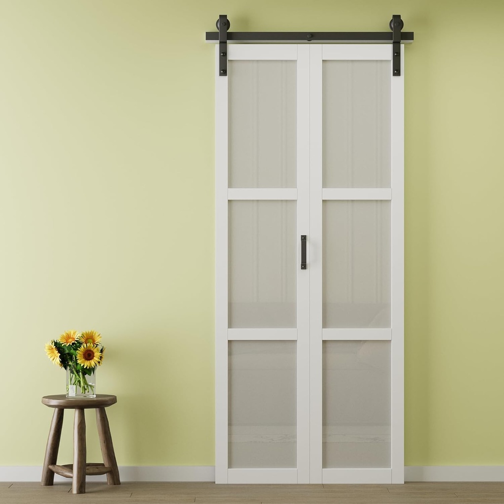 Preassembled Panels & Paintable Bifold Barn Doors, Fingerprint-Resistant 3 Panel Tempered Frosted Glass Bi Fold Barn Door, Solid Core Folding Barn Door for Closet Pantry Laundry, 36" x 84"