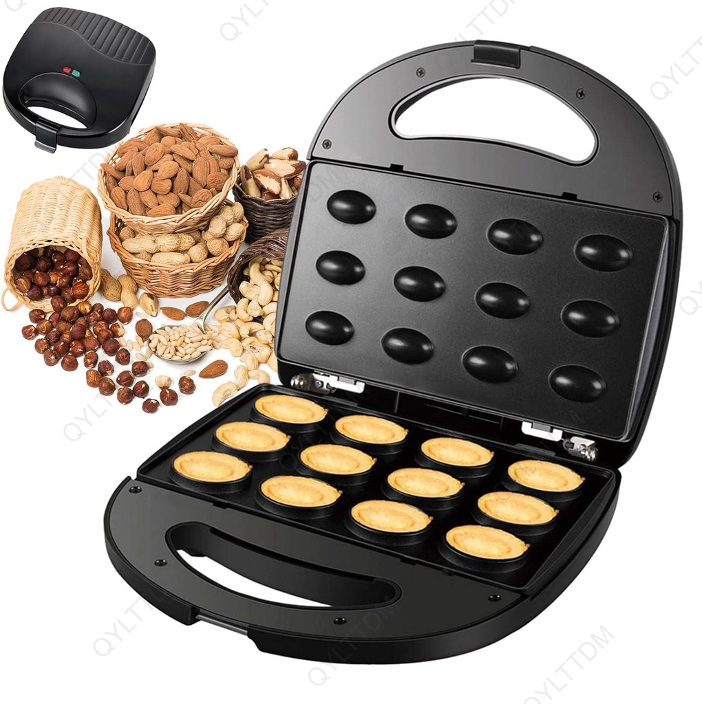 12 Electric Walnut Cake Maker Waffle Makers, 750W Walnut Cookie Mold Maker, with Non Stick Coating and Indicator Light, Support Double Sided Heating, Automatic Mini Nut Machine Baking Tool For Kitchen
