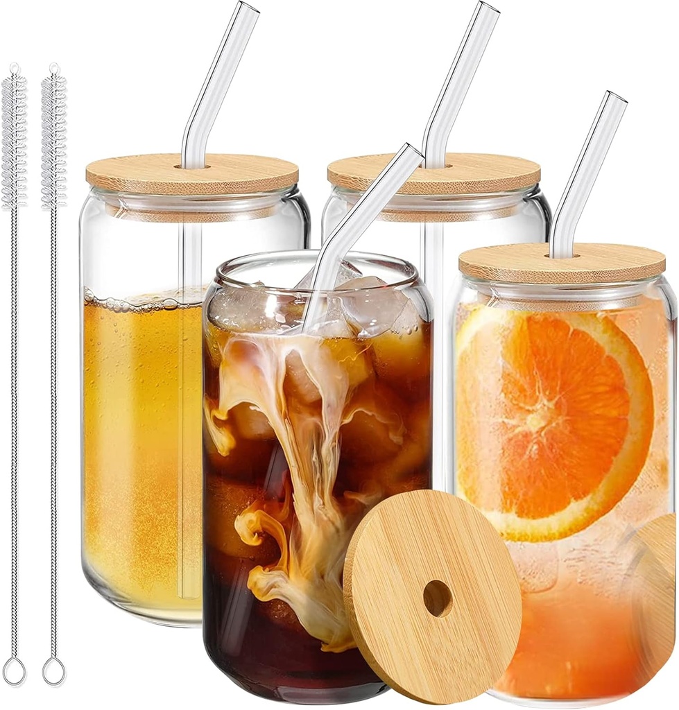 Drinking Glasses with Bamboo Lids and Glass Straws, 4-Piece Set - 16oz Can-Shaped Tumblers for Iced Coffee, Beer, Cocktails, and Whiskey - Includes 2 Cleaning Brushes, Ideal Gift