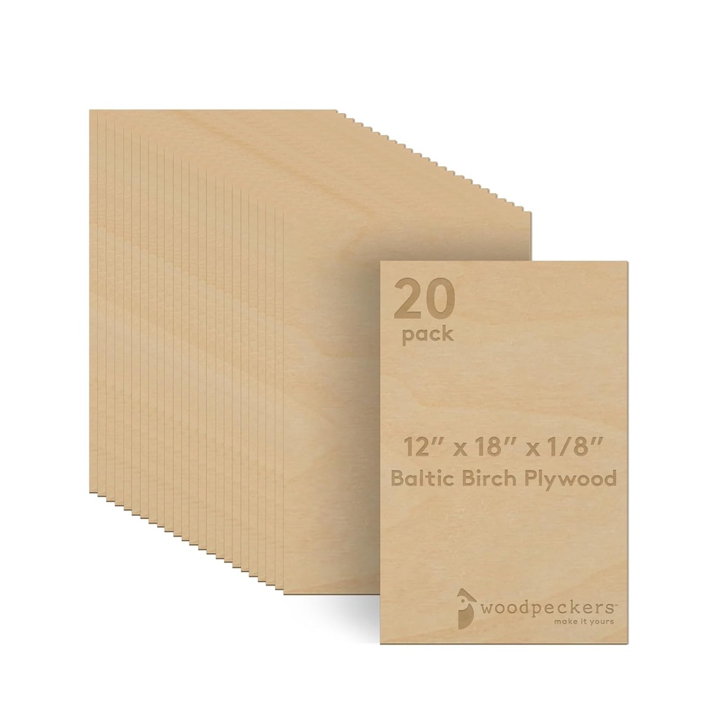 3 mm Baltic Birch Plywood 1/8 x 12 x 18 Inch, Box of 20 B/BB Grade Craft Wood, Stronger Than Basswood Sheets, for Laser, CNC Cutting and Wood Burning, by Woodpeckers