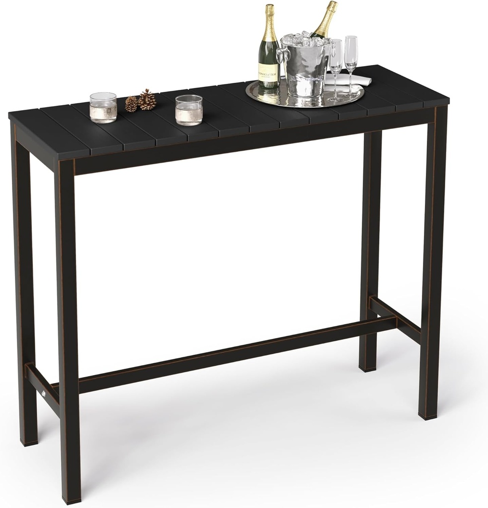 Outdoor Bar Table, 45" Patio Bar Height Counter Console Table, Black Waterproof HDPS Slatted Top and Bronze Leg, Weather Resistant, Hot Tub, Balcony, Yard, Indoor or Outdoor Use