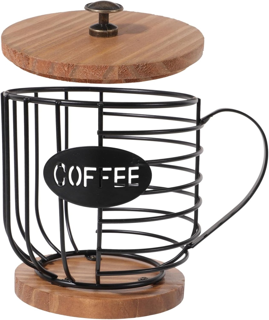 Cup Shape Storage Basket Coffee Organizer Metal Holders Iron Wood Countertop Rack