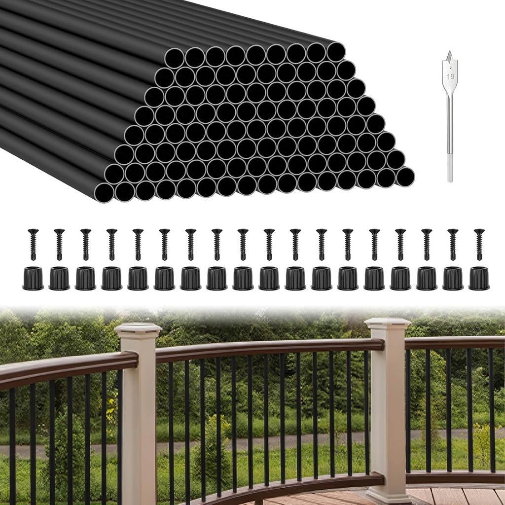 BLIKA 100 Pack 26" Aluminum Deck Balusters with Connectors/Screws, 3/4" OD Hollow Round Aluminum Balusters for Deck Railing, Black Metal Deck Balusters Staircase Spindles