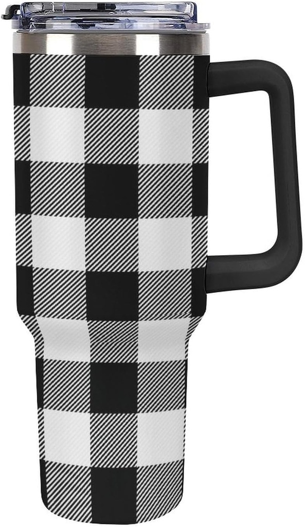 Stainless Steel Tumbler 40oz, Black Grey Buffalo Plaid Leakproof Tumblers Insulated Water Bottle with Straw And Lid, Car Coffee Cups Travel Mug Universal Fits for Water, Iced Tea Or Coffee