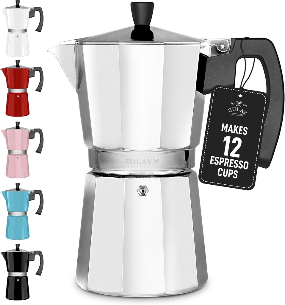 Zulay Moka Pot Espresso Stovetop Coffee Maker - Leak-Proof, Stainless Steel, Easy to Clean, Heat Resistant Handle & Knob -for Authentic Cuban & Italian Style Espresso - Makes 12 Espresso Cups - Silver