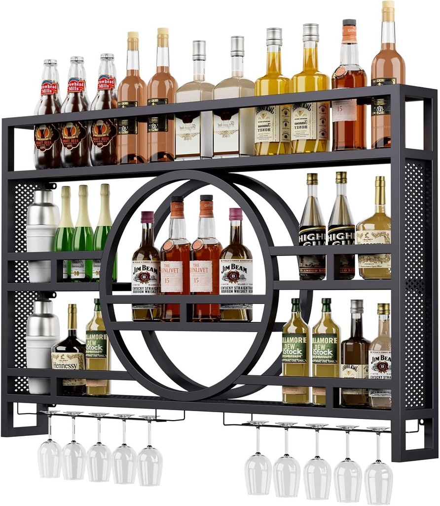 Boshen 3-Tiers 47in Wine Rack Wall Mounted, Floating Bar Shelves with Wine Glass Holder Hanging Industrial Liquor Shelf, Wall-Mounted Wine Racks Cabinets for Home No Assembly Required