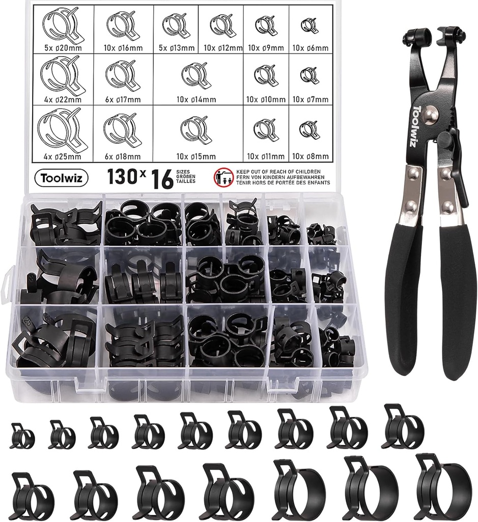 Toolwiz 130Pcs 6-25mm Spring Band Hose Clamp Assortment with Swivel Clamp Pliers, Constant Tension Radiator Hose Clamps, Black Hose Clips for Fuel Line, Silicone Vacuum Hose, Air Tube, Water Pipe