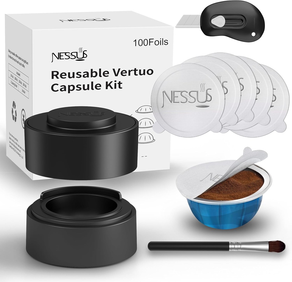 Nessus Reusable Kit for Nespresso Pods Vertuo, Reuse Old Coffee Pods for Nespresso Vertuo: 100 Pcs Aluminum Foil Seal Lid, Holder, Brush, Refillable Vertuo Plus Next Capsule Machine(No Pods Come)