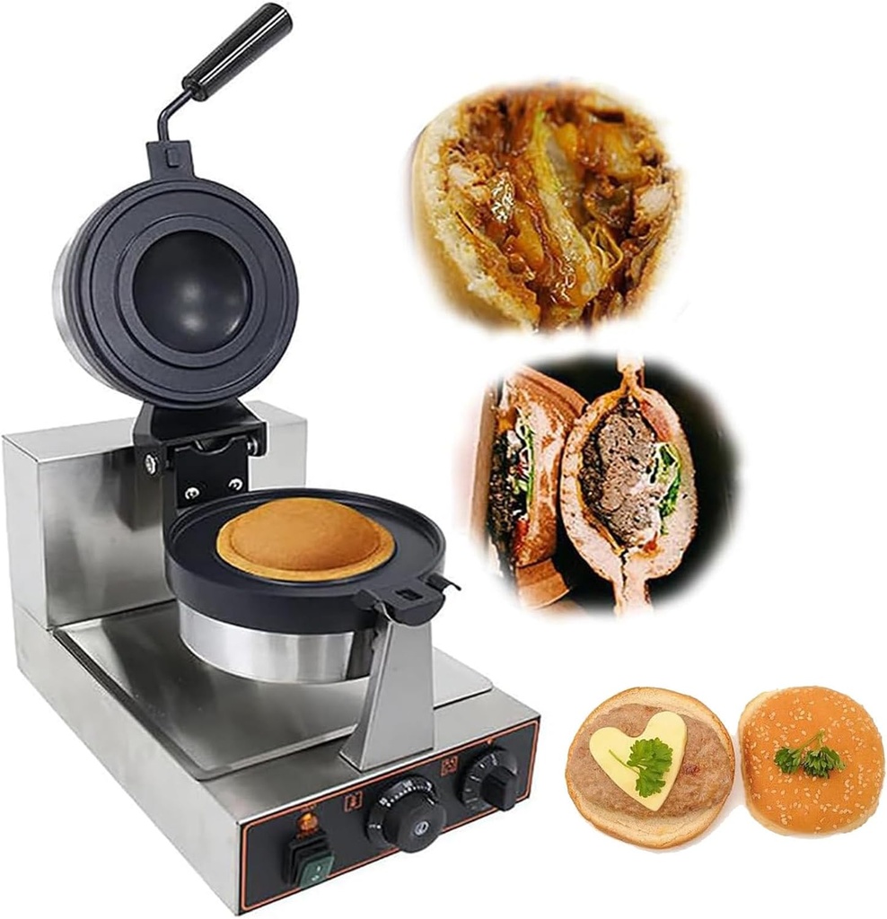Electric Head/Double-Head Ice Cream Hamburger Machine,Stainless Steel Round Hot Press Bread Machine Equipment,Ice Cream Maker Hamburger Waffle Maker,Time & Temperature Control,For Kitchen