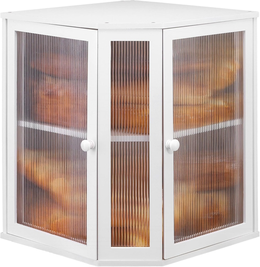 Corner Bread Box for Kitchen Countertop - Bamboo Large Capacity Bread Storage Bin with Acrylic Wavy Door Panel,Dual Door Bread Organizers Under Cabinet Mount Shelf (White)