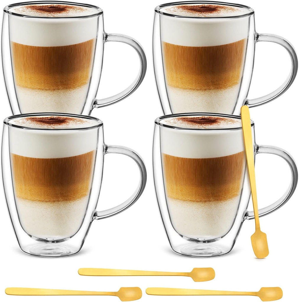 Cappuccino Glass Mugs (Set of 4) 12 Ounce Double Walled Espresso Cups with 4 Golden Spoons, Perfect for Latte, Cappuccino, Tea, or Juice