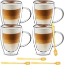 Cappuccino Glass Mugs (Set of 4) 12 Ounce Double Walled Espresso Cups with 4 Golden Spoons, Perfect for Latte, Cappuccino, Tea, or Juice