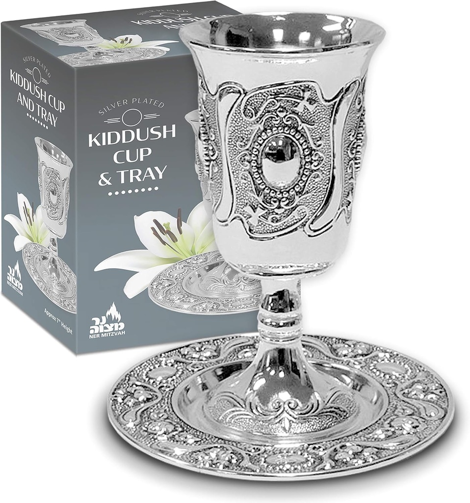Ner Mitzvah Tall Kiddush Cup and Tray - Premium Quality Silver Plated Goblet With Stem - Shabbat and Havdalah Goblet - Judaica Shabbos and Holiday Gift