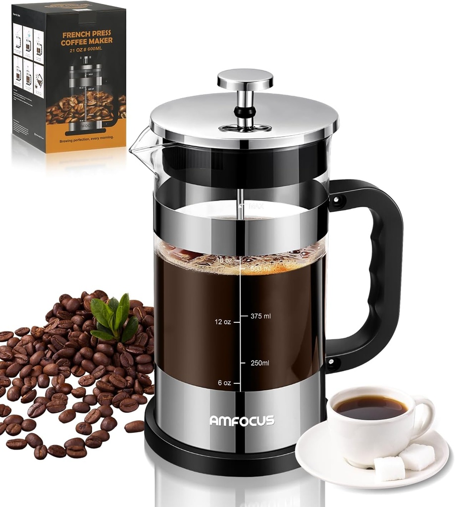 French Press Coffee Maker - 21OZ Classic Glass Coffee Press, Heat-resistant Borosilicate Glass Coffee Pot with 4-Level Disassemble Filters, Portable Cold Brew Coffee Maker for Travel Home Gift(Sliver)