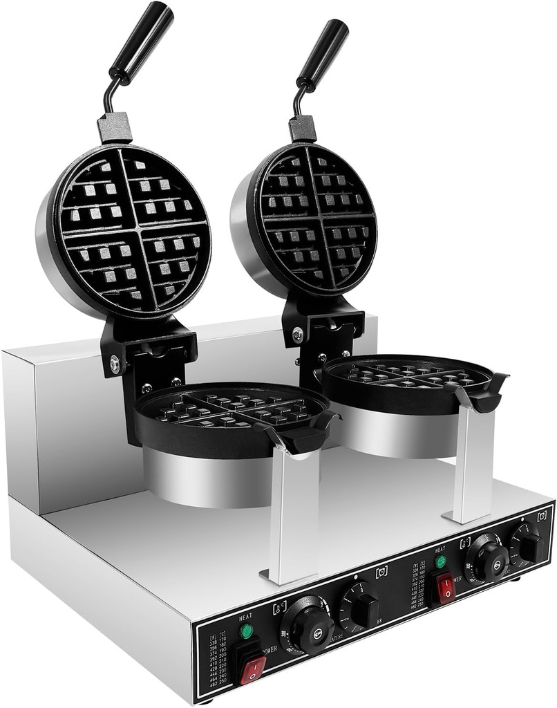 Commercial Waffle Maker Dual Plate 2400W Adjustable Temperature & Timer, Stainless Steel Non-Stick Electric Waffle Iron, 2-Cavity Belgian Waffle Machine for Restaurants, Bakeries, Home Use
