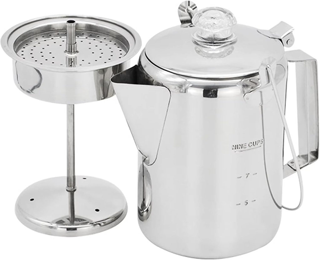 9 Cup Stainless Steel Percolator with Clear Knob Corrosions Hinged Lid Coffee Maker Quick Heating Pots Stainless Steel Percolator