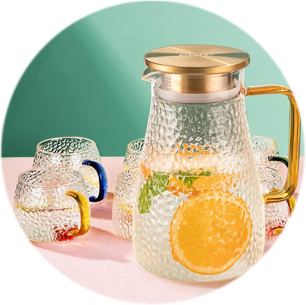 1.5L/2.2L Glass Jug, pitcher with 4/6 pcs Cups, Bottle for Iced Tea, Cold Beer, Juice, Sangria, Lemonade,Dishwasher safe (Color : 1500ml, Size : 1 Jug+4 cup) (1500ml 1 Jug+6 cup)