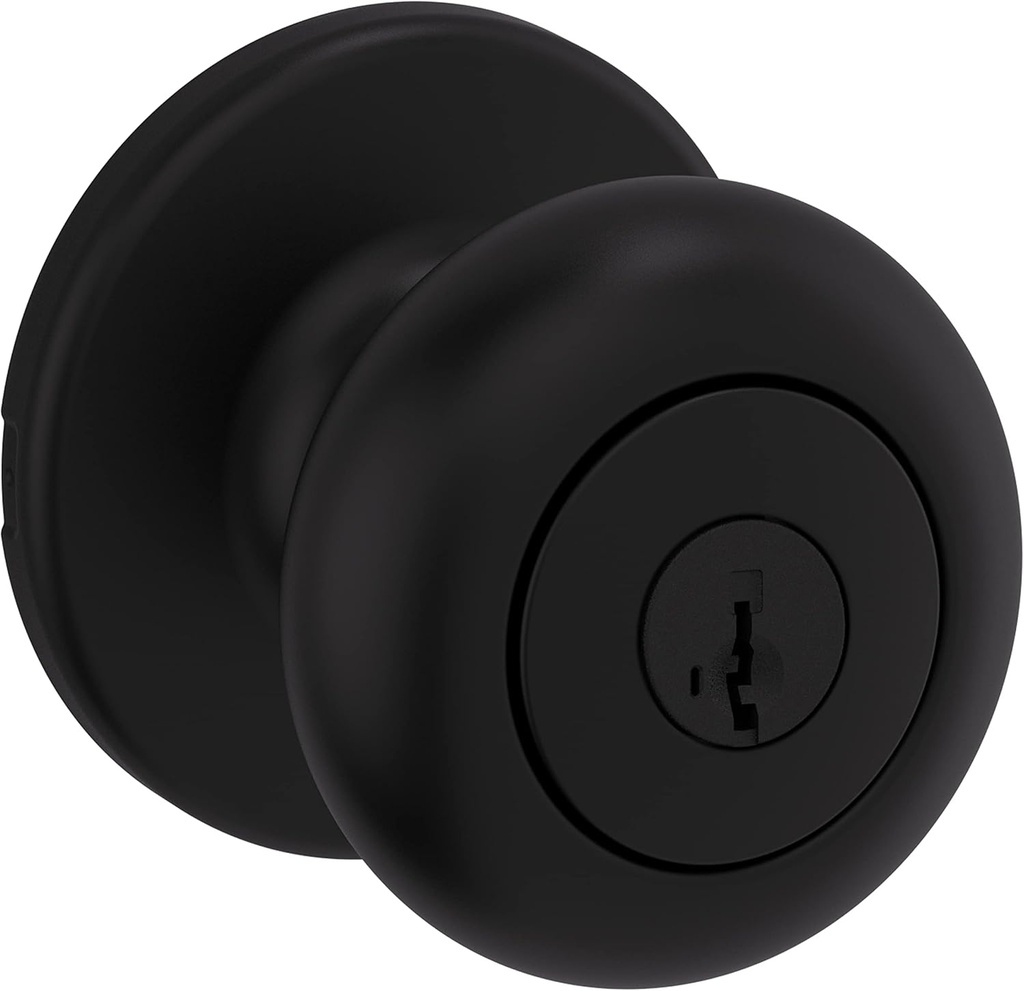 Kwikset Cove Entry Door Knob with Lock and Key, Secure Keyed Handle Exterior Doorknob, Front Entrance and Bedroom, Matte Black, Pick Resistant SmartKey Rekey Security