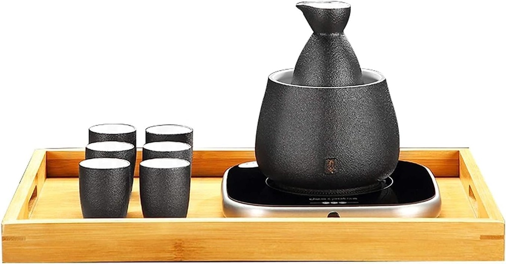 Sake set with heating cup and heating base, traditional 9 piece hot sake set includes 1 heating cup, 1 sake teapot, 6 sake cups and an electric base, no plate
