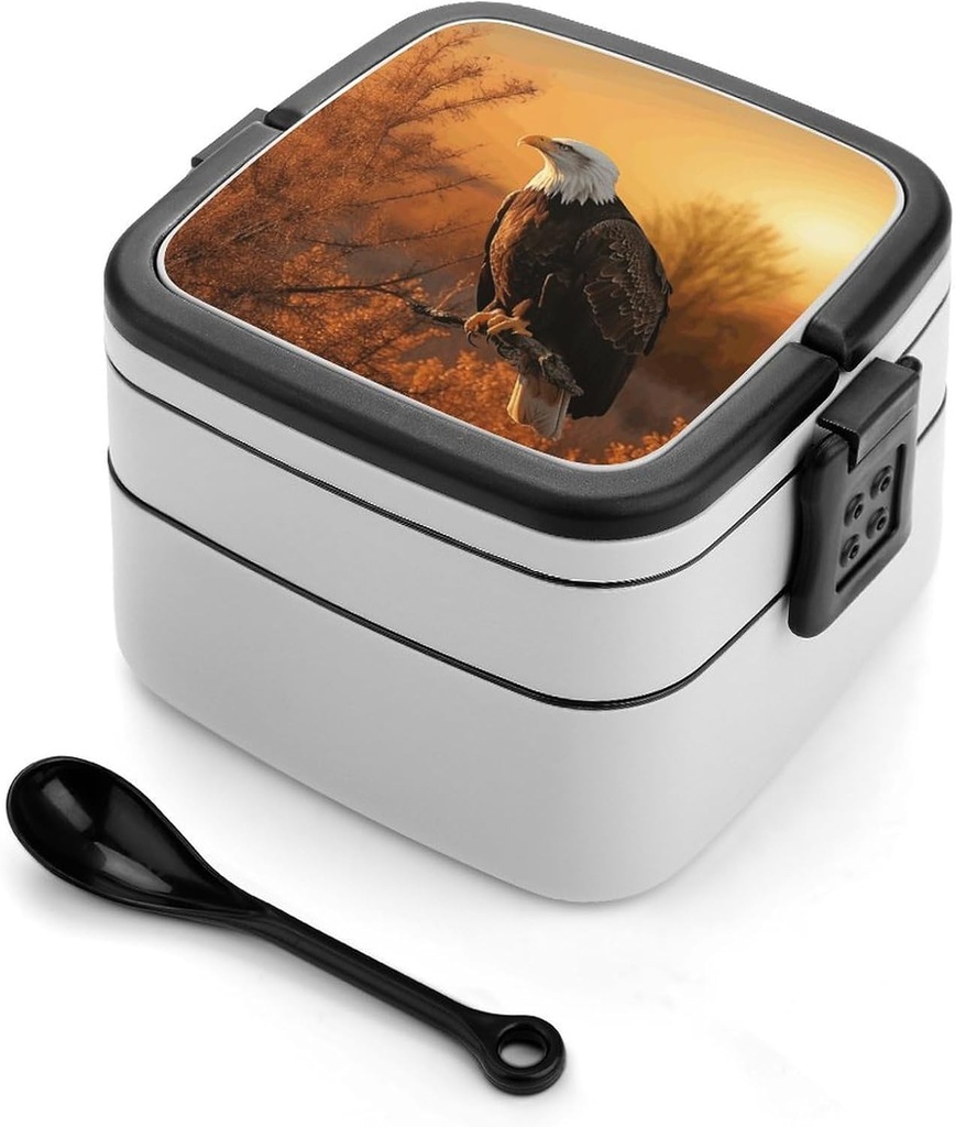 Golden Sunset Bald Eagle Bento Box - Double Layer, Leakproof Food Containers with Partition & Spoon, Stackable Lunch Box for Office, Travel, Camping