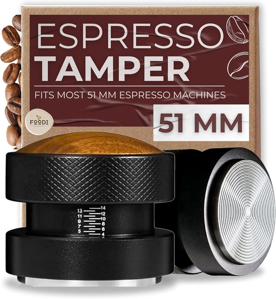 51mm Tamper for Expresso Coffee Machines - Espresso Accessories fit 51 mm Portafilter - Spring Loaded Leveler Tool - Calibrated Stainless Steel Hand Press for Home Barista by Foodi Essentials, Black