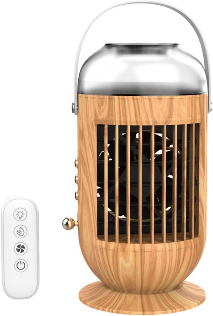 Personal Mini Evaporative Cooler Fan,Portable Quiet Fan with 400 ml Water Tank,LED Light,3 Speeds,Portable Air Conditioner Fan Humidifier for Room Home Office,Wood grain color with remote control