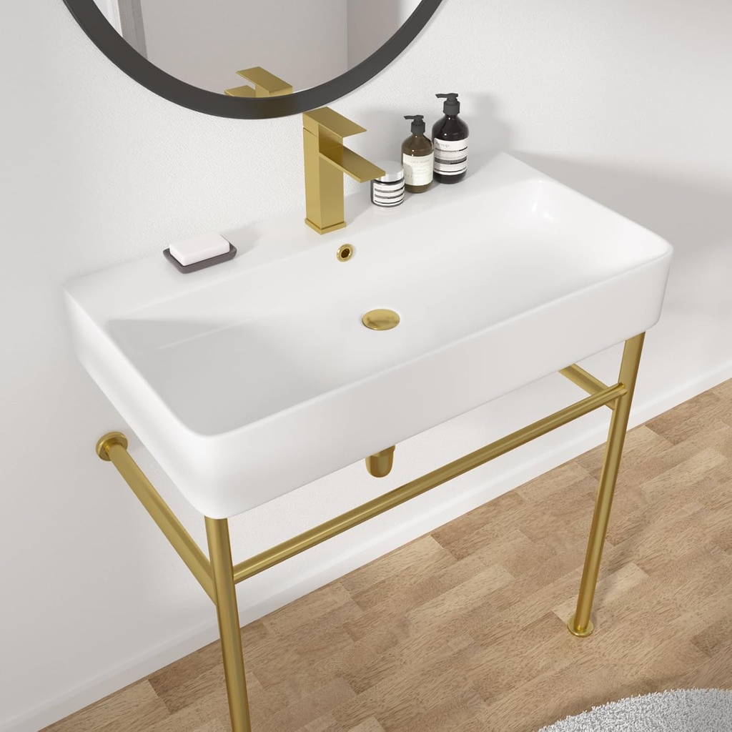 Kichae Ceramic Console Sink- 32"x 17" inch Bathroom Lavatory Sink Wall Mounted with Gold Brushed Stainless Steel Support Leg Glossy White Porcelain Freestanding Sinks