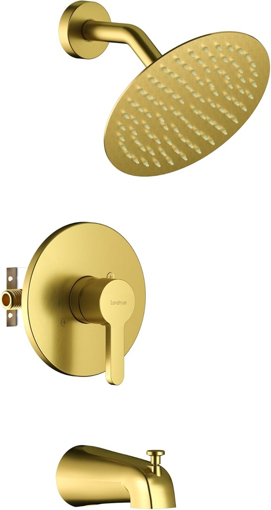 Brush Gold Tub Shower Faucet Set (High-Pressure Balancing Valve) with 8-Inch Shower Head and Tub Spout Single-Handle Tub and Shower Trim Kit