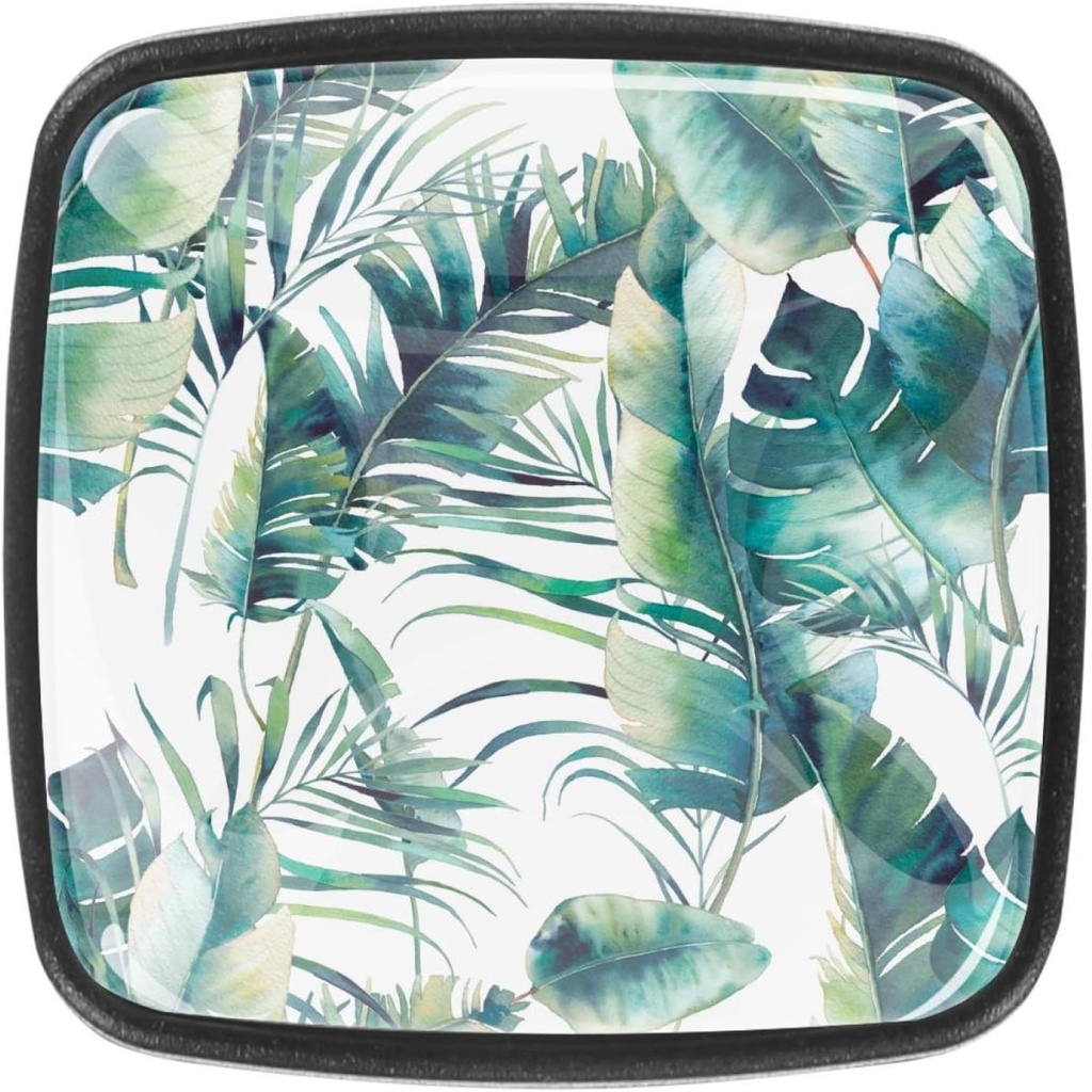 4 Pack Dresser Knobs and Pulls Handles for Cabinet and Drawer, Summer Palm Tree Square Crystal Glass Pulls and Handles for Home Doors Bathroom Vanity,3x2.1x2 Cm