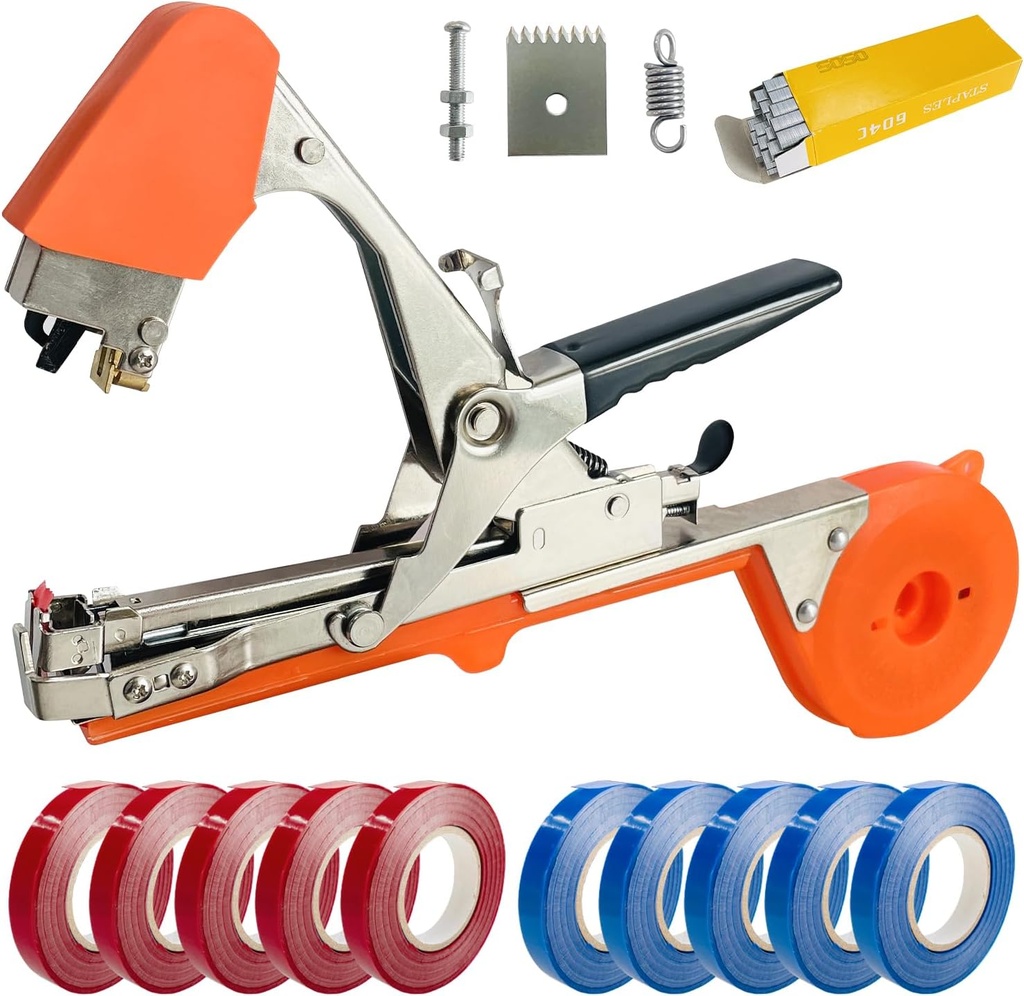 Sutekus Plant Tying Machine Garden Tape Tool Including Tapes, Staples andSpare Parts, Tomatoes Peppers and Cucumbers Tape Tool Fruit Twine Tool, Orange