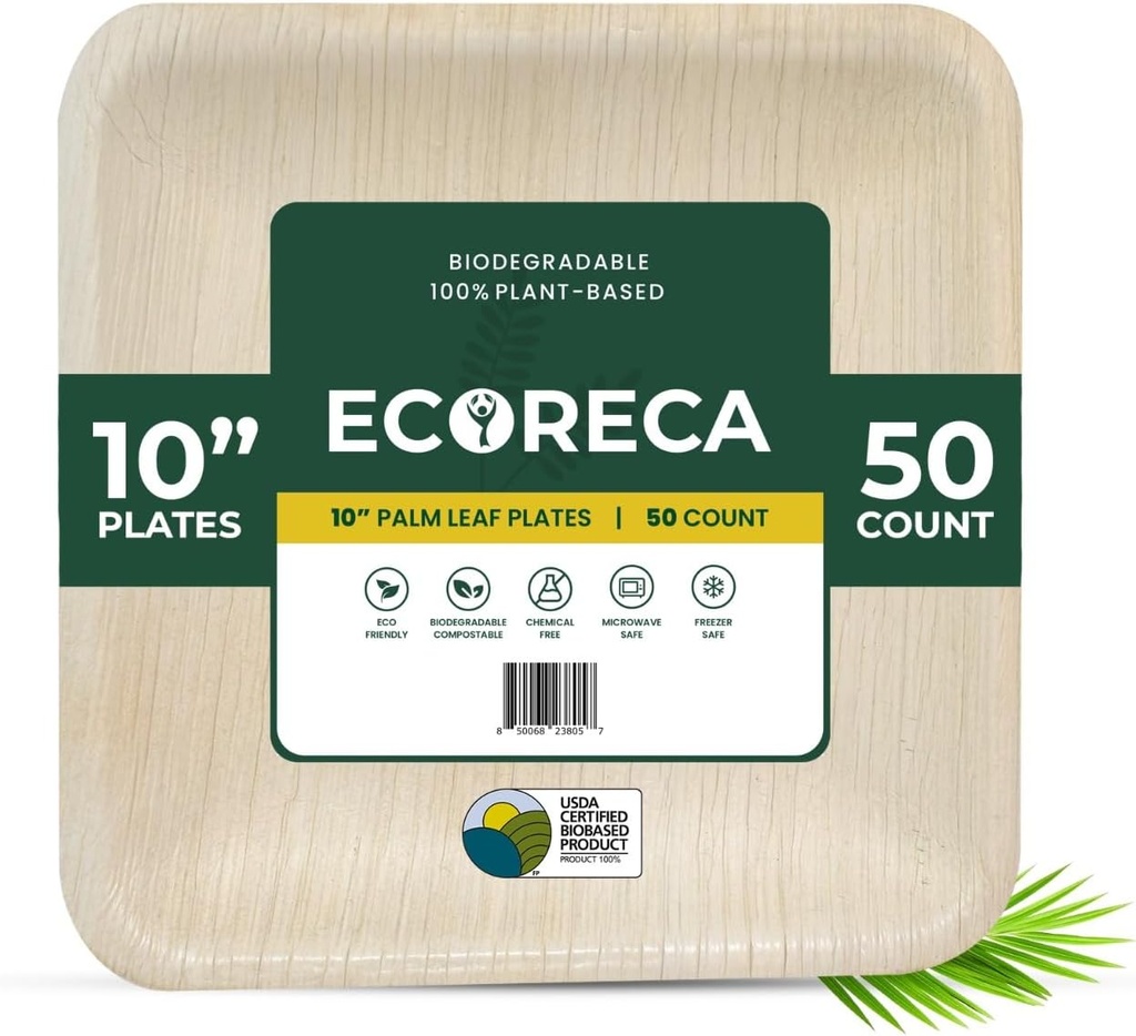 50-Pack Biodegradable Palm Leaf Dinnerware Set | 10-Inch Square Plates |Eco-Friendly and Microwave Safe |Disposable Plates- Design for Wedding, Parties,BBQ,Events