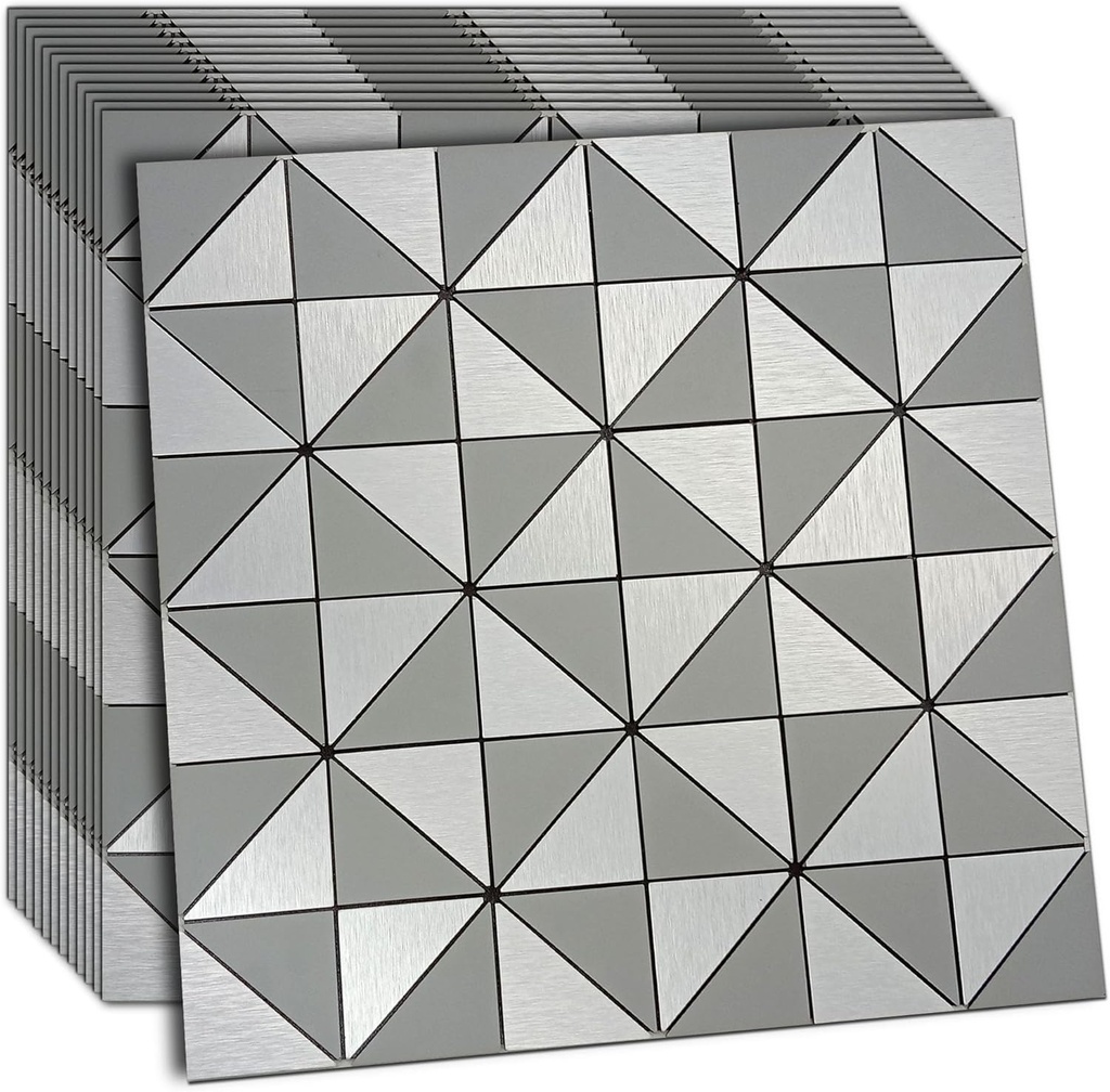 XUANINY 14-Sheet Peel and Stick Backsplash Tiles, Triangle Aluminum Surface Metal Mosaic Sticker, Self Adhesive Aluminum 3D Wall Sticker for Living Room, Kitchen, RV，Bar (11.81"x11.81") (14, Silver)