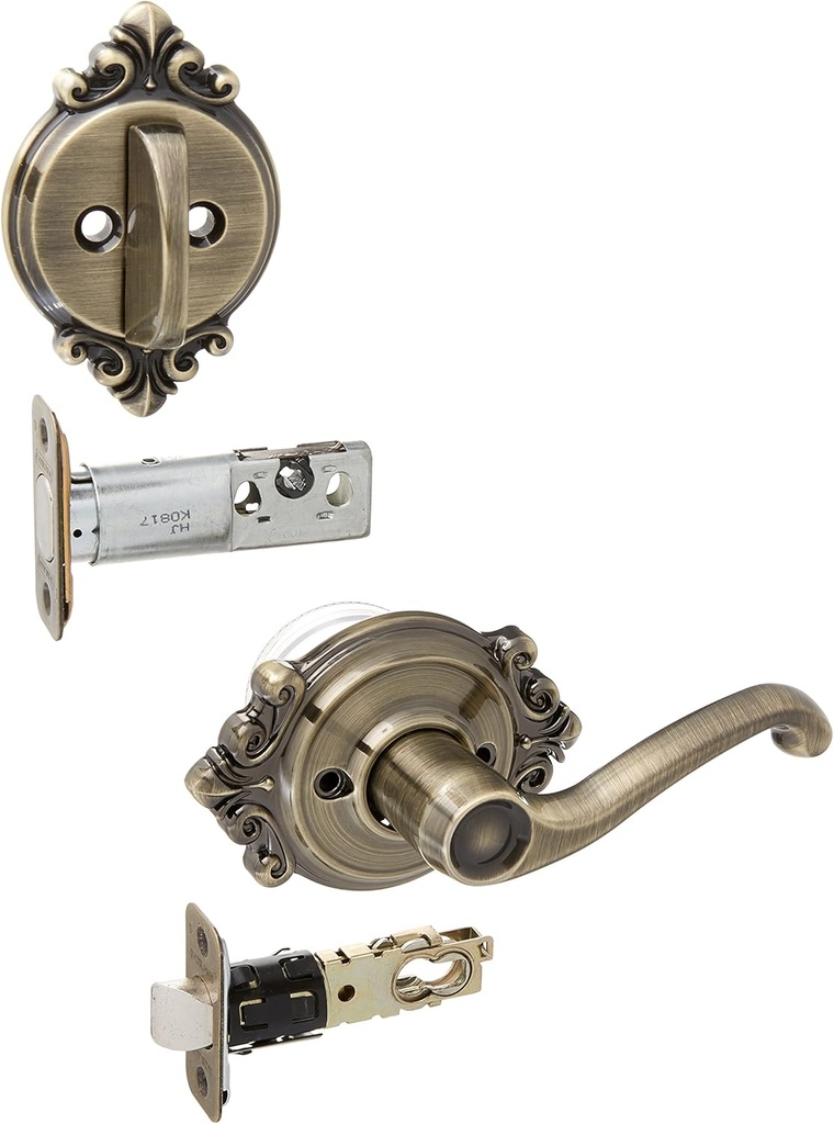 Schalge F59FLA609BRKLH Antique Brass Flair Left Handed Interior Pack Lever Set with Single Cylinder Deadbolt and Decorative Brookshire Rose