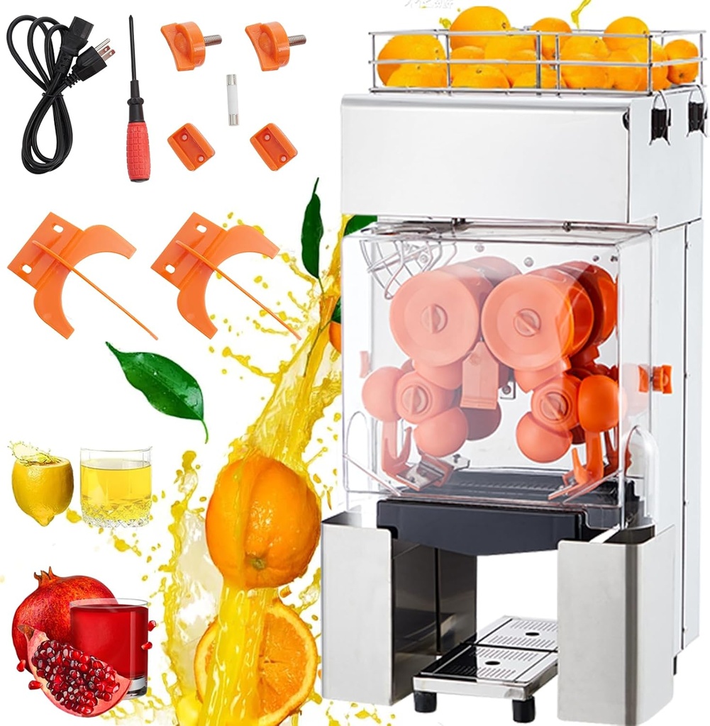 Commercial Juicer Machine, Towallmark 110V Automatic Feeding Juice Extractor, 120W Orange Squeezer for 20-30 per Minute, with Pull-Out Filter Box SUS 304 Tank PP Cover and Two Peel Collecting Buckets