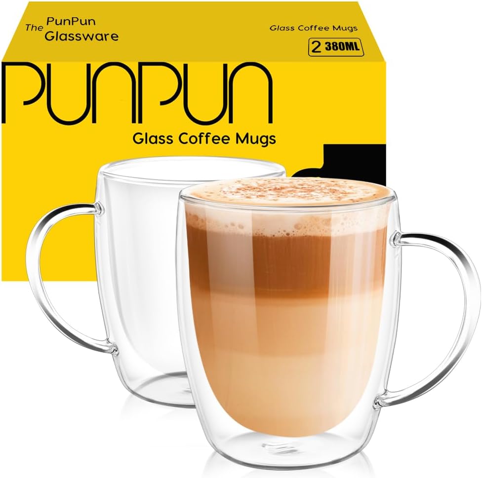 PunPun Coffee Cups Clear12.9OZ. 380ml Coffee Mugs, Espresso Cups,Double Wall Milk Cup with Big Handle,Perfect Mug for Hot Beverages, Latte, Cappuccinos Set of 2