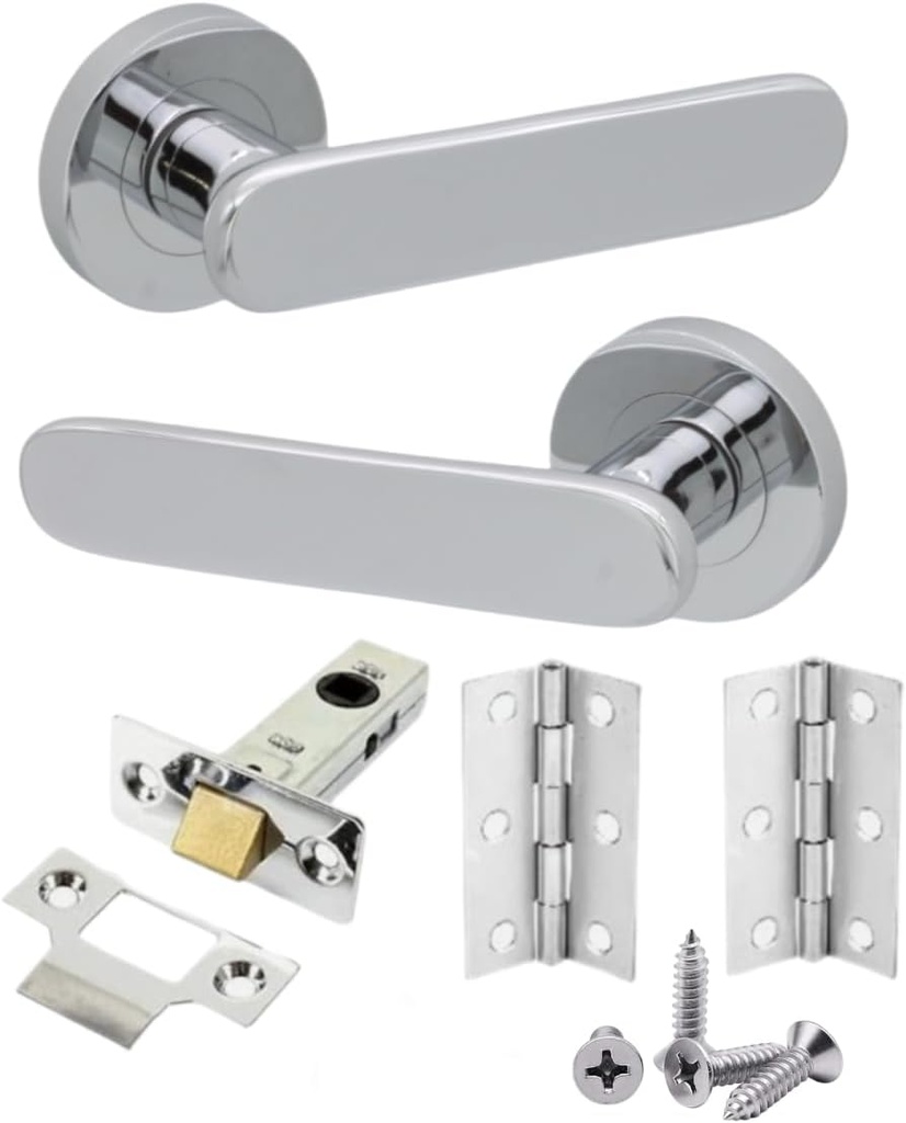 1 Set Internal Brass Chrome Lever on Rose 'Sky' Door Handles Pack Latch & Hinge