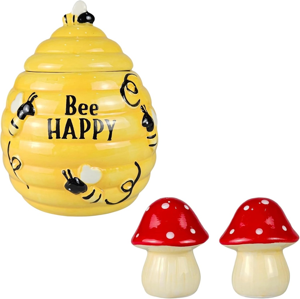 Hanna's Handiworks Bee Happy Cookie Jar and Mushroom S&P Shaker - Versatile Home and Kitchen Decor for Sweets & Treats, Tea Storage and Centerpieces