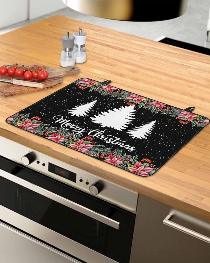 Christmas Countertop Burners Protection Mats for Kitchen, Christmas Tree Poinsettia Flower Black Rubber Stove Top Cover Mat, Heat Proof Mats Cooktop Cover for Counter Dish Drying Mat, 31"x24"