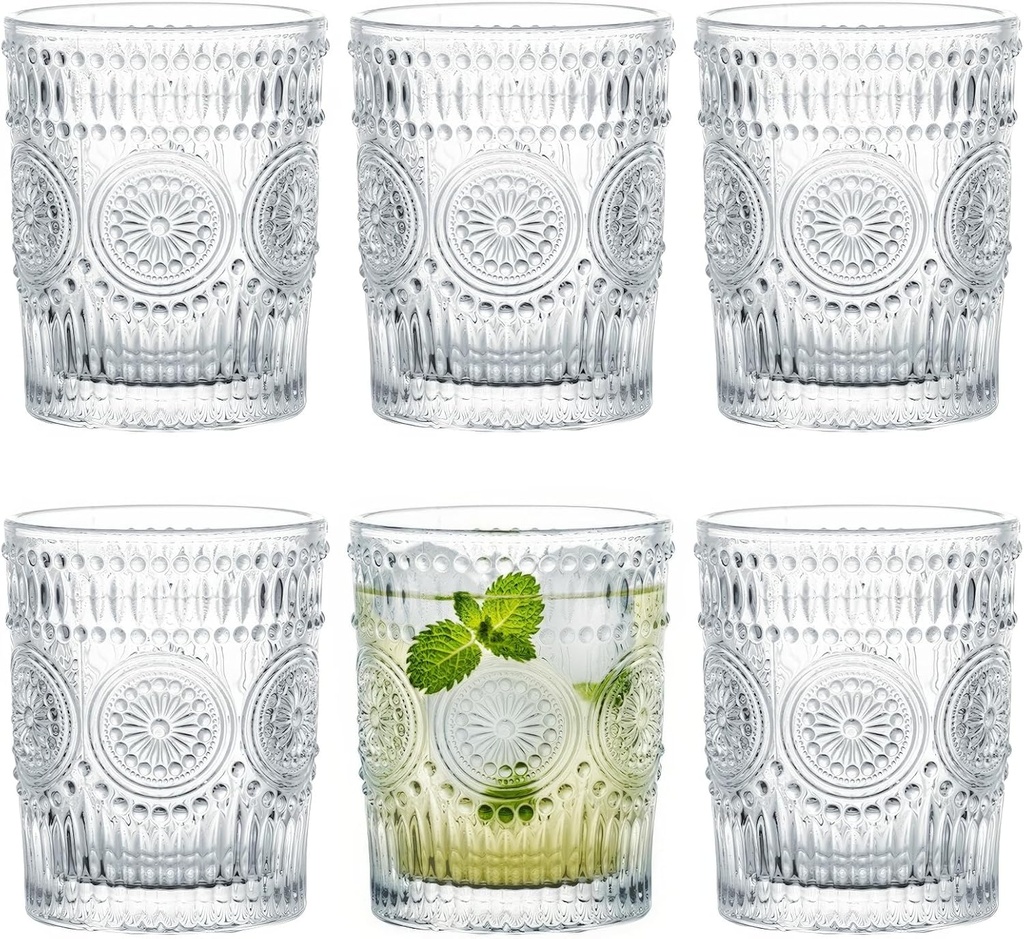 Kingrol 6 Pack 9 oz Romantic Water Glasses, Small Drinking Glasses Tumblers, Vintage Glassware Set for Juice, Beverages, Beer, Cocktail