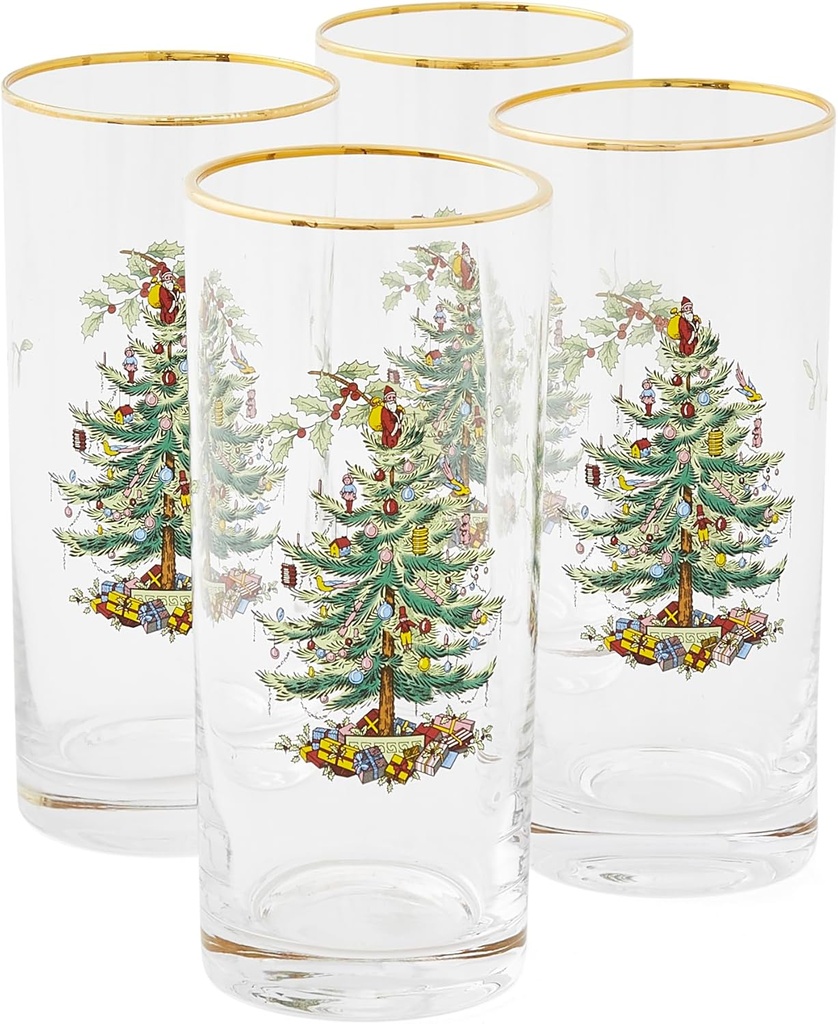 Spode Christmas Tree 15oz Highball Glasses, Set of 4 - Gold-Rimmed Elegant Holiday-Themed Glassware, Festive Holiday Drinkware for Christmas Parties, New Year’s Toasts & Festive Occasions
