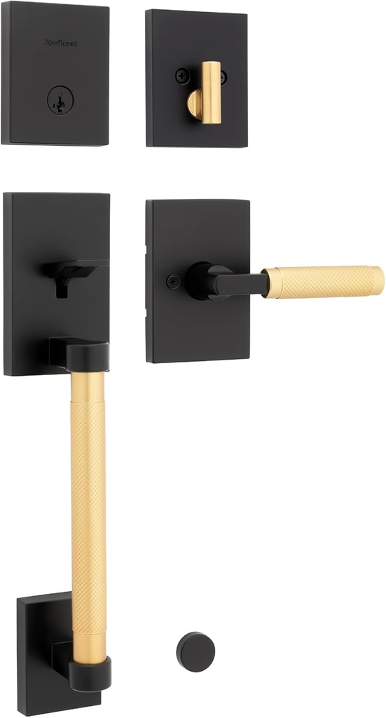 Kwikset Prava Front Door Lock Handle and Deadbolt Set, Entry Handleset Exterior with Interior Reversible Lever, Matte Black and Satin Brass, Pick Resistant SmartKey Deadbolt, with Microban Protection