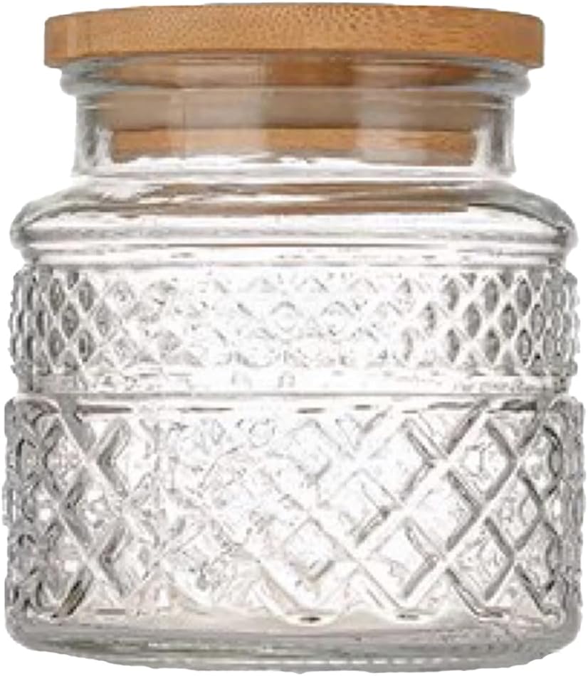 Glass Storage Jar, Food Containers with Airtight Bamboo Lids for Candy Snack Coffee Sugar Cookie Airtight Jars Kitchen Containers Cereal Canisters Vintage Glass Canisters (Small Round)