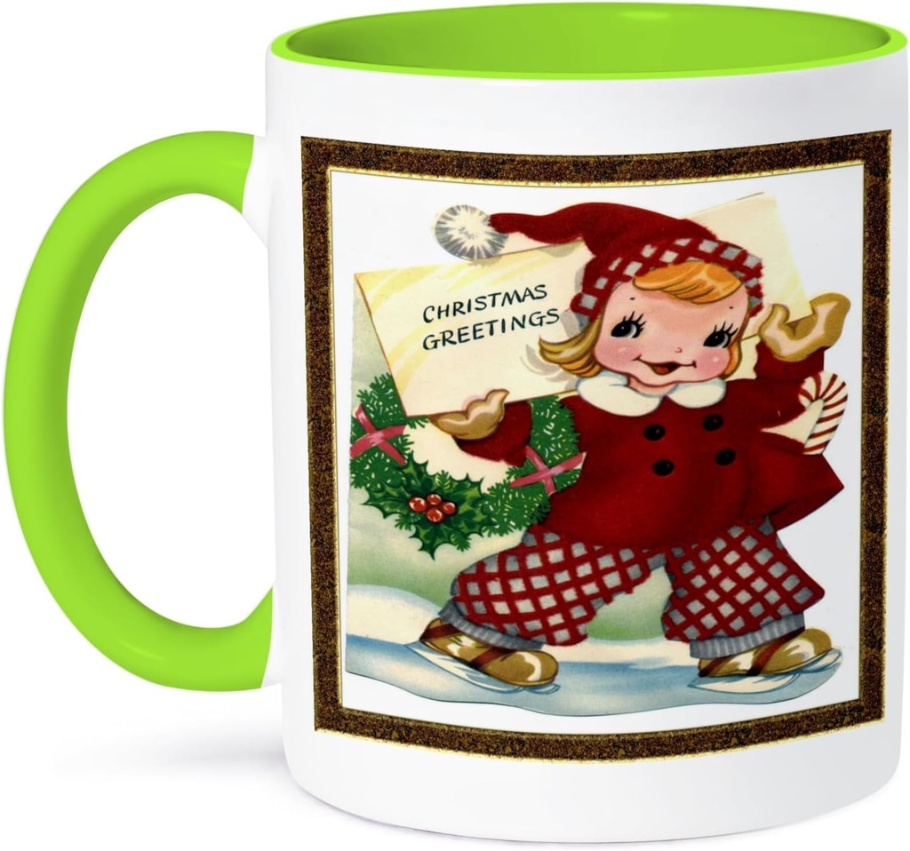 3dRose Girl Ice Skating with Christmas Greeting 15oz Two-Tone Green Mug