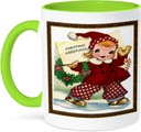 3dRose Girl Ice Skating with Christmas Greeting 15oz Two-Tone Green Mug